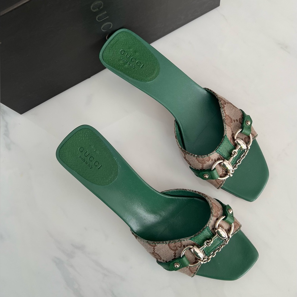 Gucci by Tom Ford Green GG Monogram Horsebit Mules / US 6 1/2 / Vintage - Picture 3 of 10
